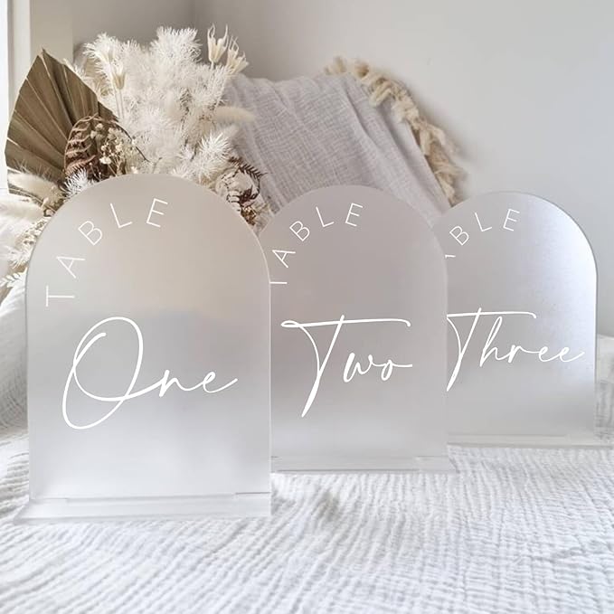 JINMURY Frosted Arch Wedding Table Numbers 1-10 with Stands, 5x7 Inch Frosted Arch Acrylic Sign with White Letters, Arched Acrylic Table Numbers for Wedding Reception