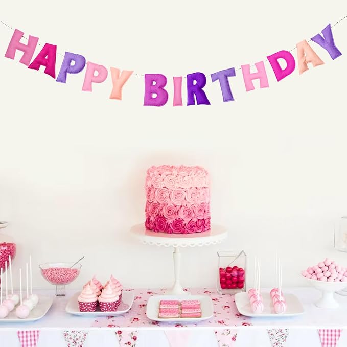 Pre-Strung Happy Birthday Banner - Felt Ball Garland - HAPPY BIRTHDAY Garland, Pink Birthday Decorations, Personalized Happy Birthday Sign for Birthday Decor, Party Decor, Photo Prop (Pink)