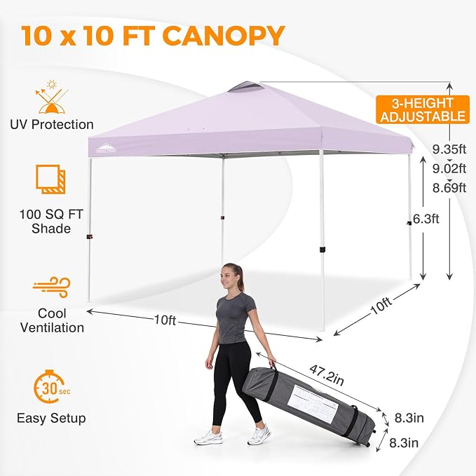 EAGLE PEAK Pop Up Canopy Tent with Wheeled Carry Bag, 8 Stakes, 4 Ropes, 4 Weight Bags, Easy Set Up Tent Canopy, 10x10 ft, 100sqft of Shade, Lilac