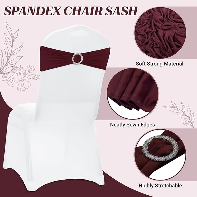 VDS - Burgundy | Spandex Chair Sashes Bows | 50 PCS | Stretch Elastic Banquet Universal Folding Chair Band Tie with Silver Buckle Slider for Wedding Party Conference Celebration Event Decoration