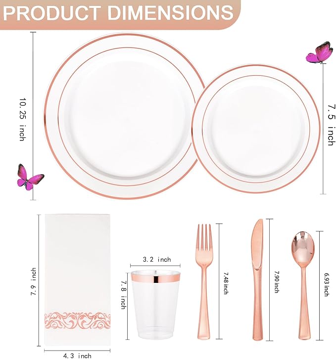 Supernal 400pcs Rose Gold Plastic Plates Disaposable Heavy Duty included Disposable Utensils& Plastic Party Plates Disaposable Party Cups and Napkins Sets for Valentine's Day Mother's Day and Easter