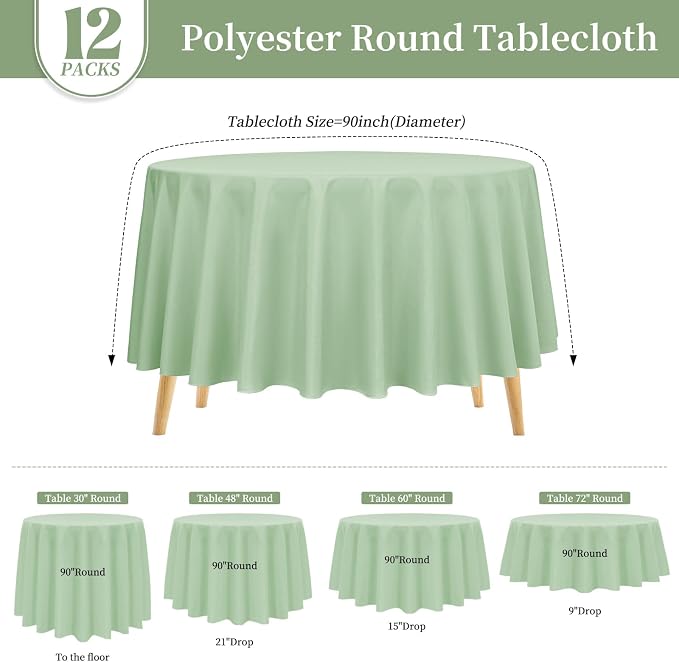Pesonlook 12 Pack Round Tablecloth Sage Green,90 Inch Washable Fabric Round Table Cover for Wedding/Party/Banquet/Dining/Buffet Table