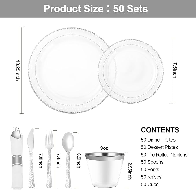 Bestluck 350PCS Clear Plastic Plates with Silver Trim for 50 Guests, Disposable Dinnerware Set for Party & Wedding, Includes 100 Plastic Plates, 50 Pre Rolled Napkins with Silver Silverware, 50 Cups