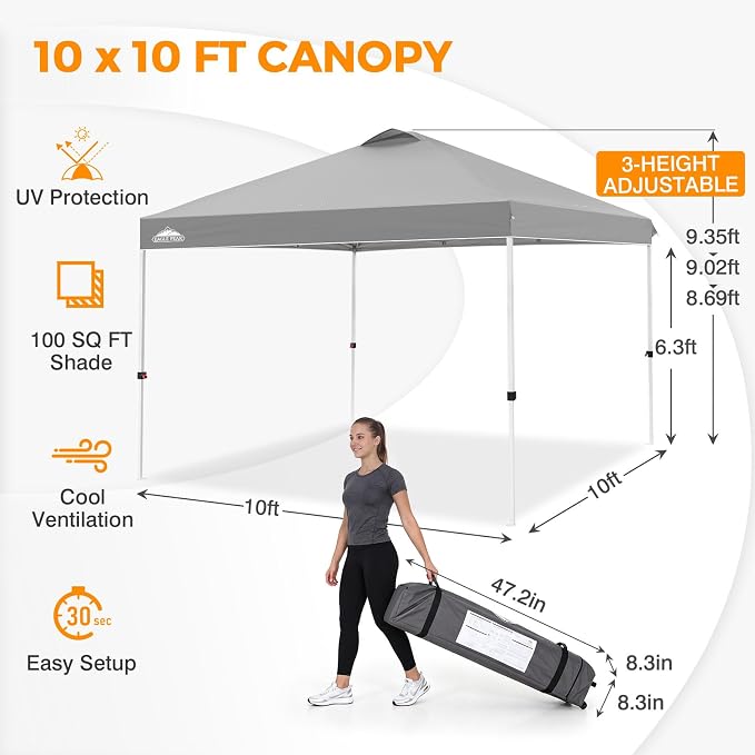 EAGLE PEAK Pop Up Canopy Tent with Wheeled Carry Bag, 8 Stakes, 4 Ropes, 4 Weight Bags, Easy Set Up Tent Canopy, 10x10 ft, 100sqft of Shade, Light Gray