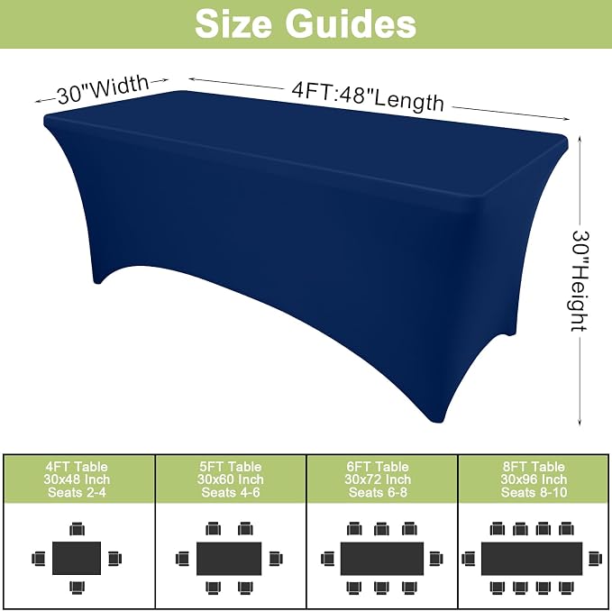 Moosfor Spandex Elastic Fitted 4FT Rectangle Tablecloth 6 Pack, Stretch Washable Reusable Table Cover for Outdoor Picnic, Dining, Wedding, Banquet & Party Events (Navy, 48Lx30Wx30H Inch)
