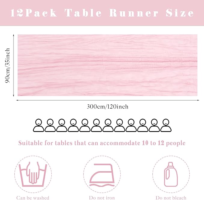 Light Pink 12 Pcs Cheesecloth Table Runner 10FT Runner for Tables Gauze Fabric 35 x 120 Inches Long Boho Table Runner Decoration Rustic Sheer Runner for Wedding Birthday Baby Shower Party (Light Pink)