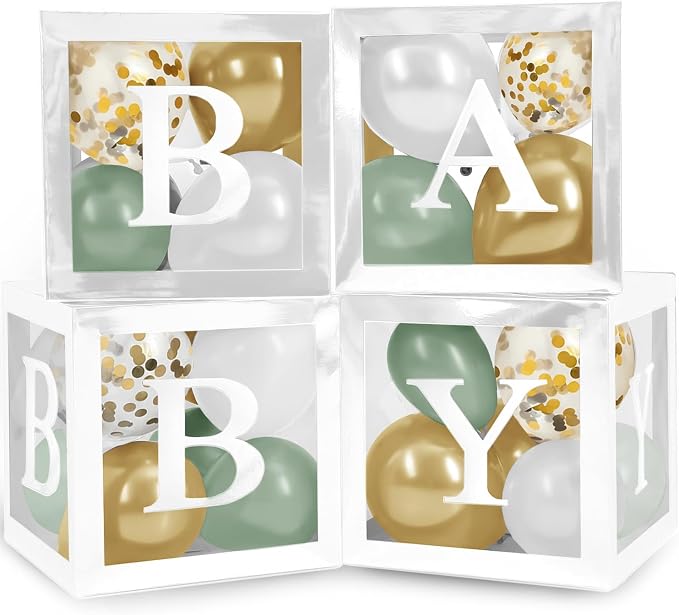 44-Piece Baby Shower Decorations for Boy or Girl - 4 Boxes with Letters and 32 Balloons - Sage Green and Metallic Gold (Boho Style) - Gender Reveal Party Supplies - Photo Shoot Backdrop