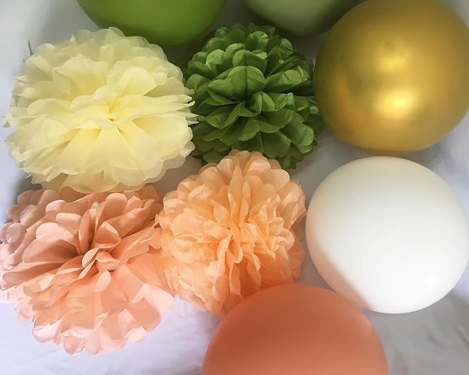 Sage Green and Peach Birthday Decorations -Pastel Orange Happy birthday Party Balloons for Women and Girls with Gold Banner Tassel Garland Tissue Pompoms (Sage Green + Peach)