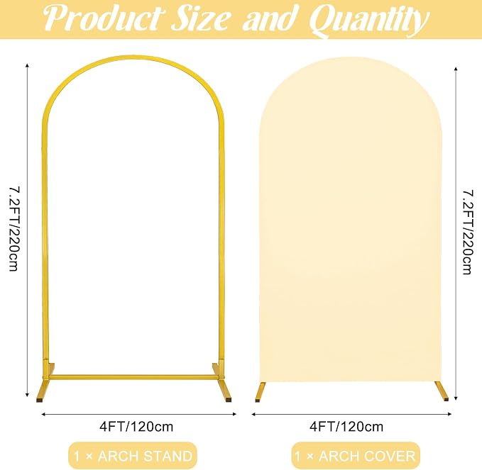 Metal Arch Stand and Cover Set,1 Beige Spandex Fitted Backdrop with 1 Gold Wedding Arched Stand Frame for Parties Birthday Baby Shower Bridal Banquet Decoration (7.2FT)