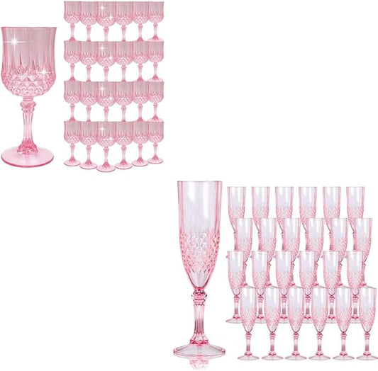 48PCS Plastic Wine Flutes Glasses, Pink Plastic Wine Glasses Shatterproof Reusable Champagne Flute for Weddings, Bachelor Parties, Toasting, and Events