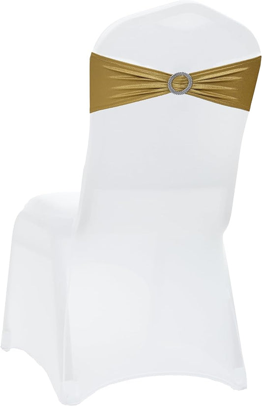 VDS - Gold Glitter | Spandex Chair Sashes Bows | 50 PCS | Stretch Elastic Banquet Universal Folding Chair Band Tie with Silver Buckle Slider for Wedding Party Conference Celebration Event Decoration