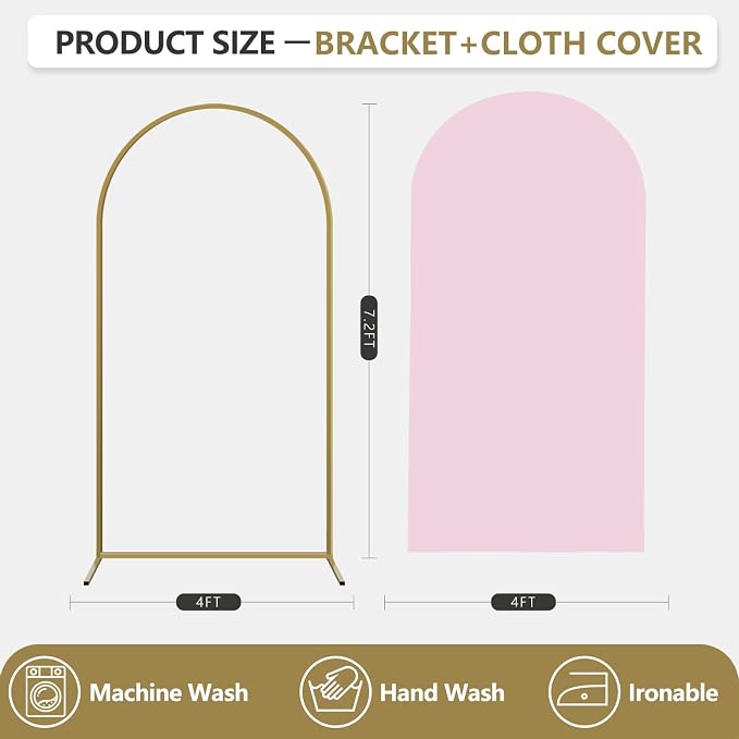 Arch Backdrop Stand and Cover Set, Metal Balloon Arch Backdrop 7.2ft, Gold Arched Stand Frame for Wedding, Parties,Birthday, Backdrop Decorations (Pale Pink,7.2ft)