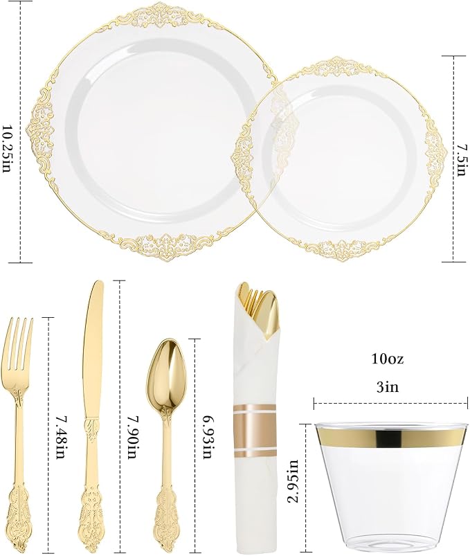 Goodluck 350 Piece Clear Gold Plastic Dinnerware Set for 50 Guests, Fancy Disposable Plates, Include: 100 Gold Rim Plastic Plates, 150 Silverwares, 50 Pre Rolled Napkins, 50 Cups for Party, Wedding