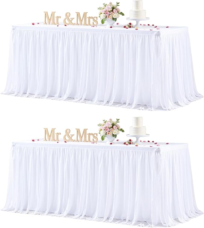 White Table Cloth 8 Foot Rectangle Spandex Table Covers 8ft Fitted Tulle Tablecloth Rectangular Desk Skirt Stretch Table Cloths Covers Party Banquet Birthday Baby Shower Wedding Table Cloth, 2 Pack