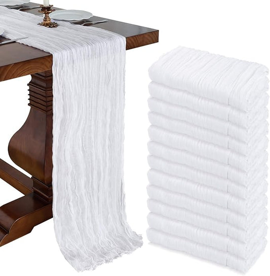 12 Pack 10FT White Cheesecloth Table Runner 120 Inch Long Gauze Rustic Boho Spring Cheese Cloth Table Runner Sheer Fabric Decorations for Holiday Party Wedding Banquet Bridal Baby Shower Décor
