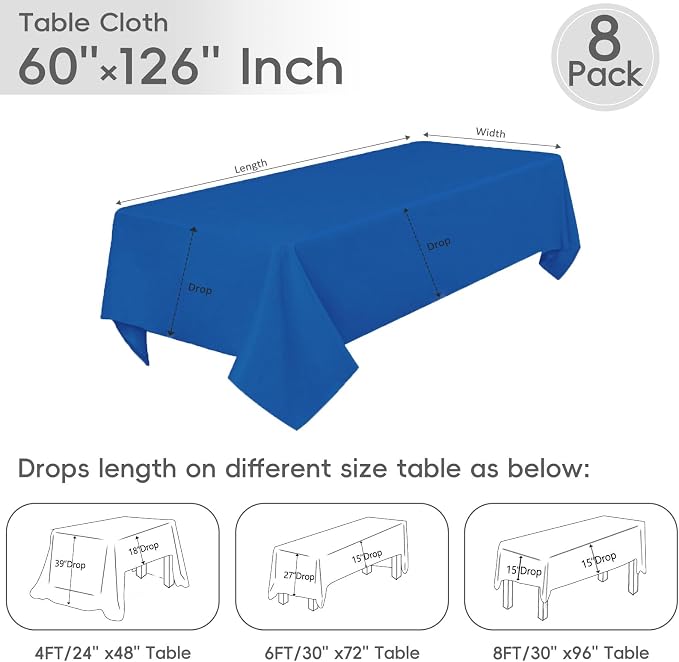 8 Pack Royal Blue Tablecloth 60 x 126 Inch Polyester Table Cloth for 8 Foot Rectangle Tables, Wrinkle Resistant Washable Decorative Fabric Table Covers for Wedding Party Banquet Buffet and Camping