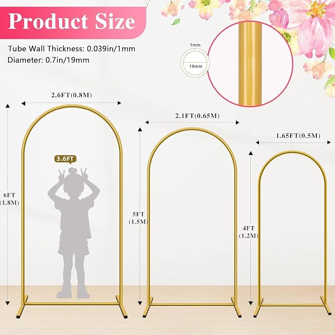 Metal Arch Backdrop Stand, Set of 3 (4ft / 5ft / 6ft) Gold Arch Backdrop with 12 Ground Nails, Stable Arched Background Stand for Wedding, Baby Shower, Birthday Party, Photography