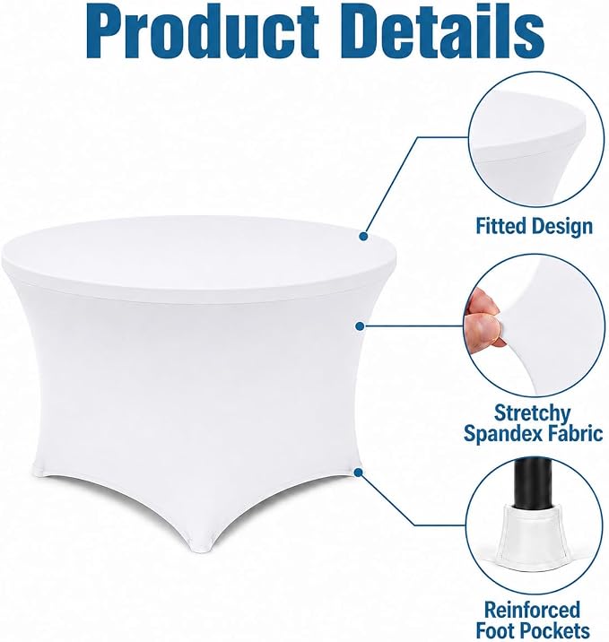 Round Table Covers - 6 Pack 48x30 Inch Table Cloth - White Fitted Stretch Spandex Round Tablecloth for Party, Vendor, Birthday, Booth, Banquet