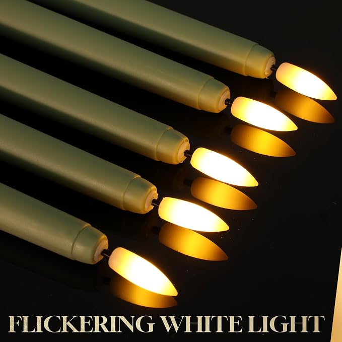 Macarrie 24 Packs Flameless Taper Candles Battery Operated Fake 11 Inch Long Candlelight LED Flameless Candlesticks Flickering Tapered for Summer Fall Wedding(Light Green)