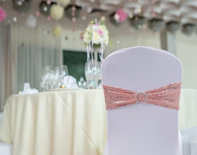 Sequin Rose Gold Chair Sashes 100 Pack, Pink Gold Sequin Chair Bows for Party Folding Chairs Decorations, Chairs Bands with Buckles for Wedding Fiestas Birthday Engagement Christmas Decor