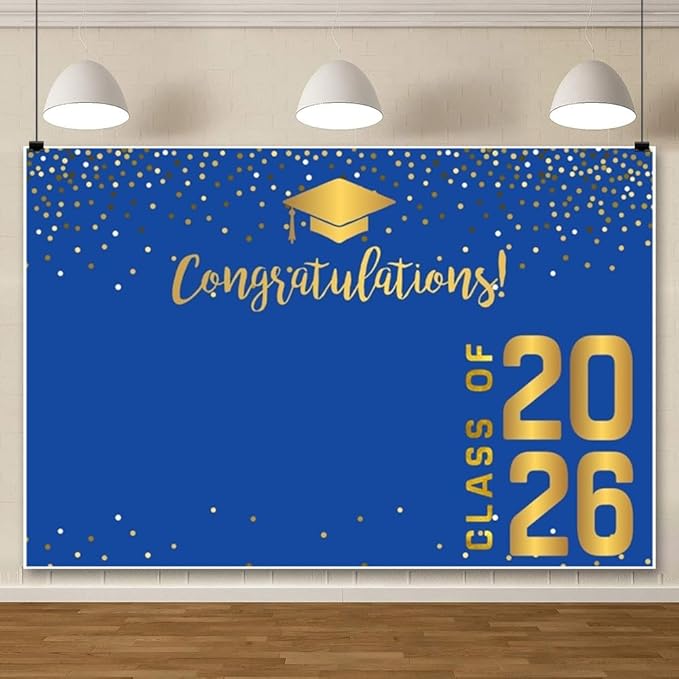 ChloropLastid 6x4ft Congrats Grad Backdrop Blue Gold Class of 2026 Glitter Dots Photography Background Bachelor Cap Graduation Backdrop Banner for Graduation Prom Party Photo Booth Props