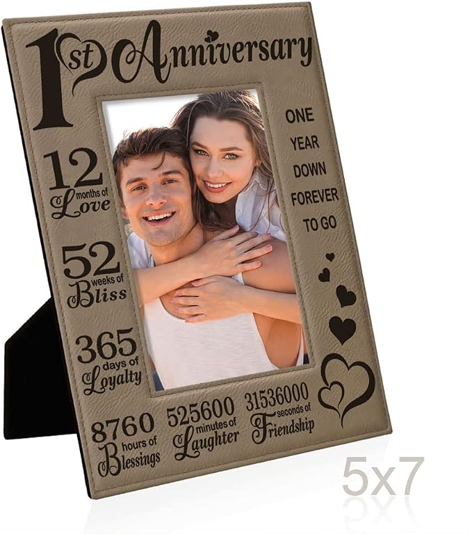 KATE POSH - Our First Anniversary Engraved Leather Picture Frame - Couple Gifts, Him & Her, Paper & First Wedding Anniversary Photo Gifts (5x7-Vertical)