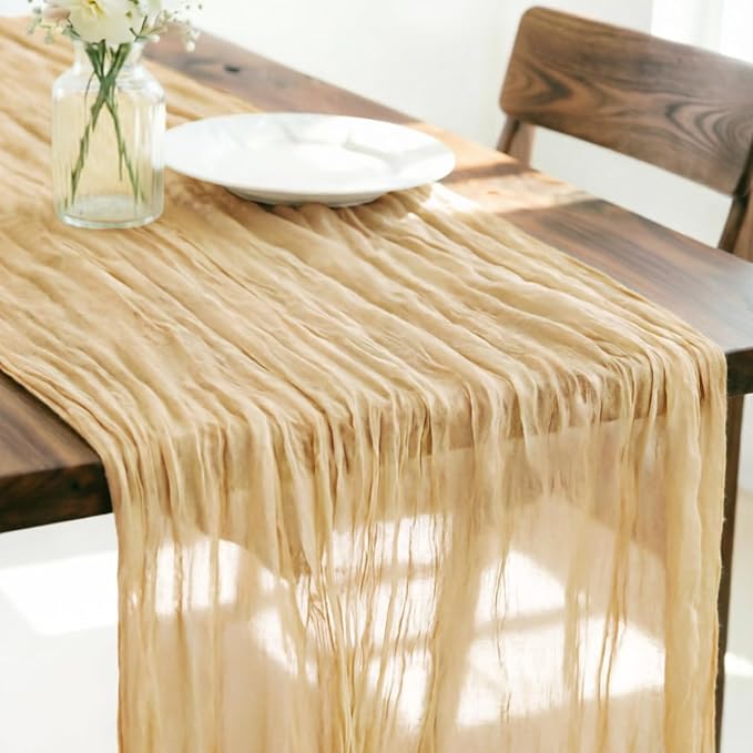 LINXTAR Beige Cheesecloth Table Runner 120 Inches 10Ft Gauze Summer Boho Table Runner for Wedding Tea Party Baby Shower Bridal Birthday Home Decoration