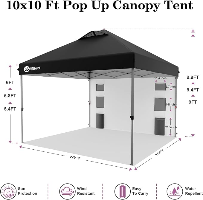 10x10 Pop Up Canopy with Sidewall, One-Person Setup - UV & Water Resistant Canopy Tent w/Wheeled Carry Bag for Beach, Patio, Camping & Events - Black