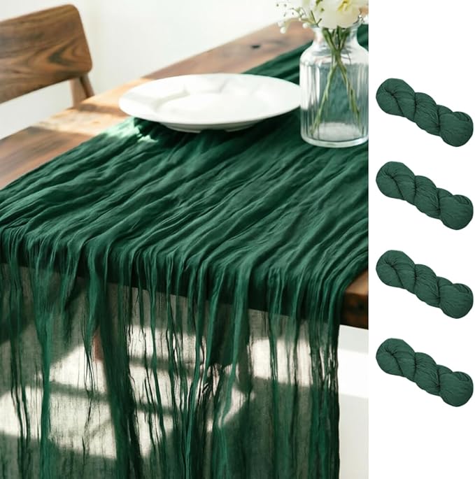 LINXTAR Emerald Green Cheesecloth Table Runner 4 Pack 120 Inches 10Ft Gauze Summer Boho Table Runner for Wedding Tea Party Baby Shower Bridal Birthday Home Decoration