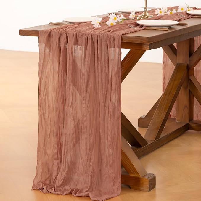 Socomi 10pcs Dusty Rose Summer Cheesecloth Table Runner Boho Rustic Gauze 120 inch 10FT Cheese Cloth Sheer Runner for Wedding Party Baby Shower Birthday Home Decor Holiday Decorations