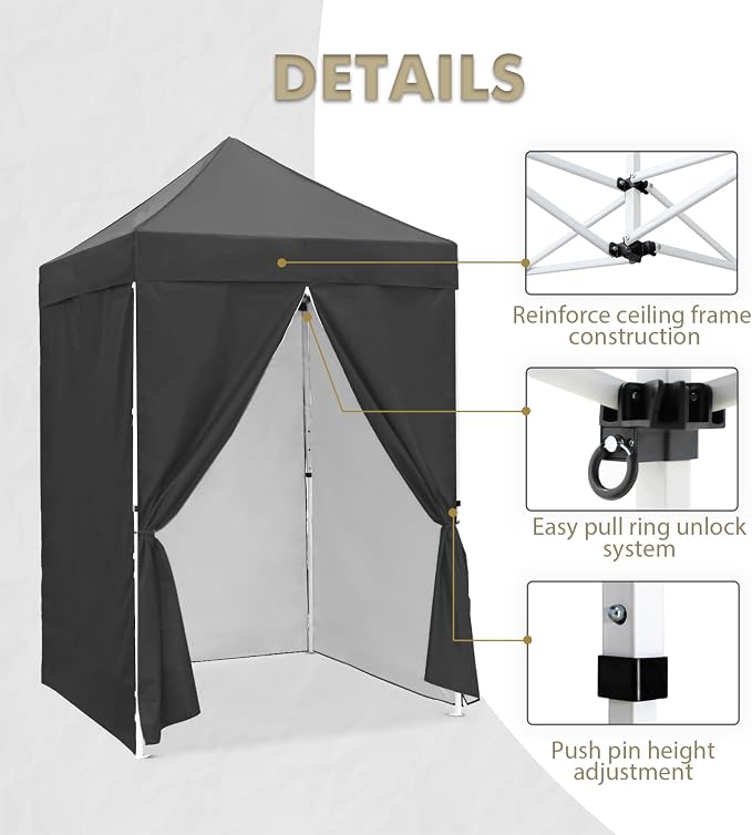 EAGLE PEAK 5x5 Instant Canopy with 4-Side Wall Panels, Small Pop up Portable Canopy Tent with Carry Bag, Light Weight Sun Shelter for Sports, Camping and Beach, Gray