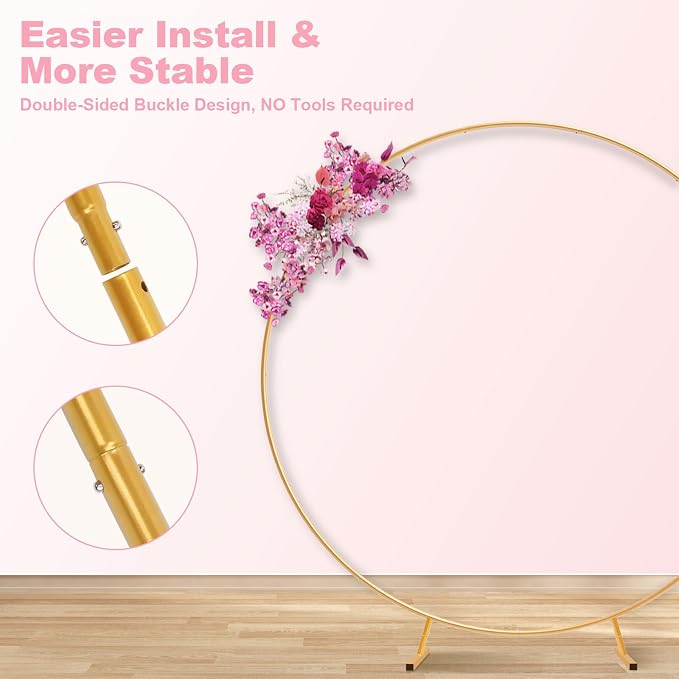 IDAODAN 6.9ft Round Backdrop Stand Circle Arch Frame, Golden Metal Balloon Arch Stand Kit for Wedding Birthday, Balloon Ring Base & Photo Backdrop Decor