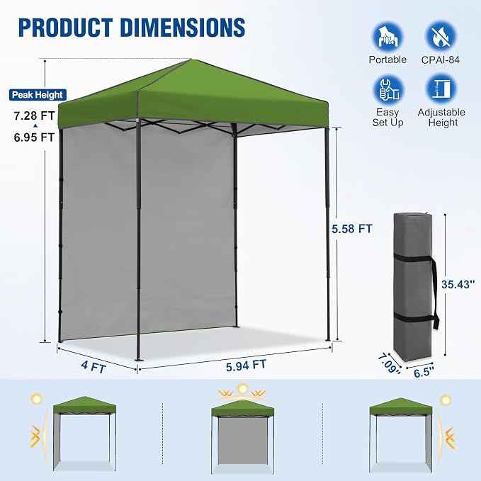 6x4 Pop Up Canopy Tent with One Wall Panel, Instant Portable Beach Canopy, Outdoor Tent with Carry Bag for Camping, Sports, Tailgating, Events, Grass Green