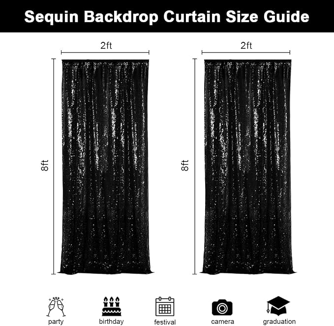 SquarePie 2 PCS 2x8ft Black Sequin Backdrop Curtains, Satin-Backed Shimmering Photo Booth Background, 2 Panels Narrow Real Sequin Drapes with 4" Rod Pocket for Party, Baby Shower, Doorway Decor