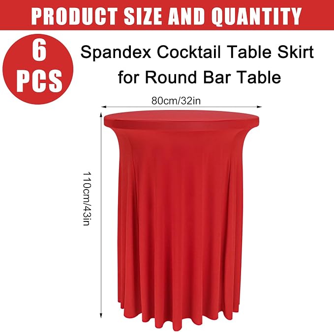 Fivenl 6 Pack Round Cocktail Tablecloth 32"x 43" Spandex Cocktail Table Skirt, Washable Stretch Fitted Table Covers for High Top Bar,Wedding,Party,Events (Red)