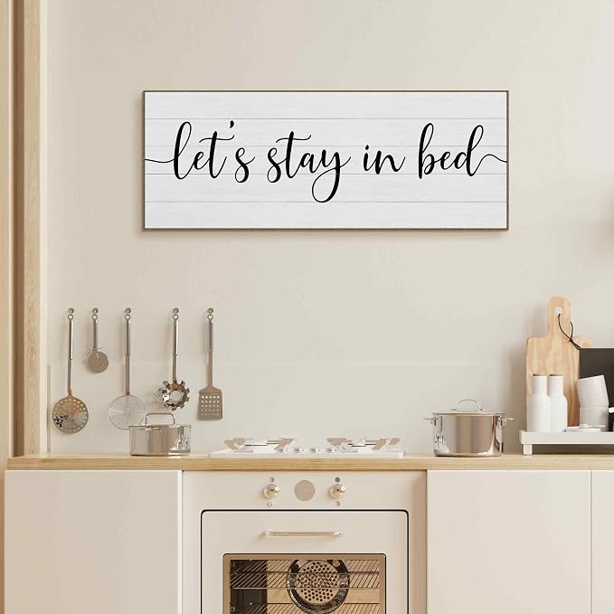 TLESKE Let's Stay in Bed Sign Large Wall Art Decor Framed 15x40, Above Bed Over Bed Canvas Wall Art Decor Print for Bedroom, Rustic Farmhouse Bedroom Signs Wall Artwork Picture