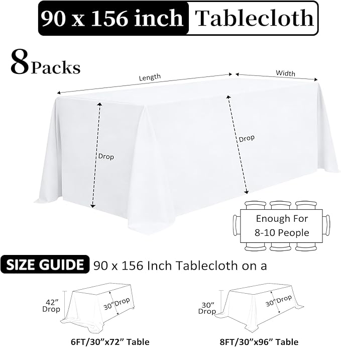 8 Pack White Table Cloth 90 x 156 Inch Rectangular Tablecloths for 8 Foot Rectangle Tables, Wrinkle Resistant White Tablecloth Washable Polyester Fabric Table Covers for Party Wedding Banquet