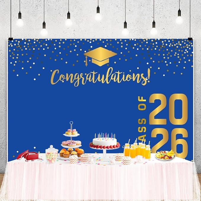 ChloropLastid 6x4ft Congrats Grad Backdrop Blue Gold Class of 2026 Glitter Dots Photography Background Bachelor Cap Graduation Backdrop Banner for Graduation Prom Party Photo Booth Props