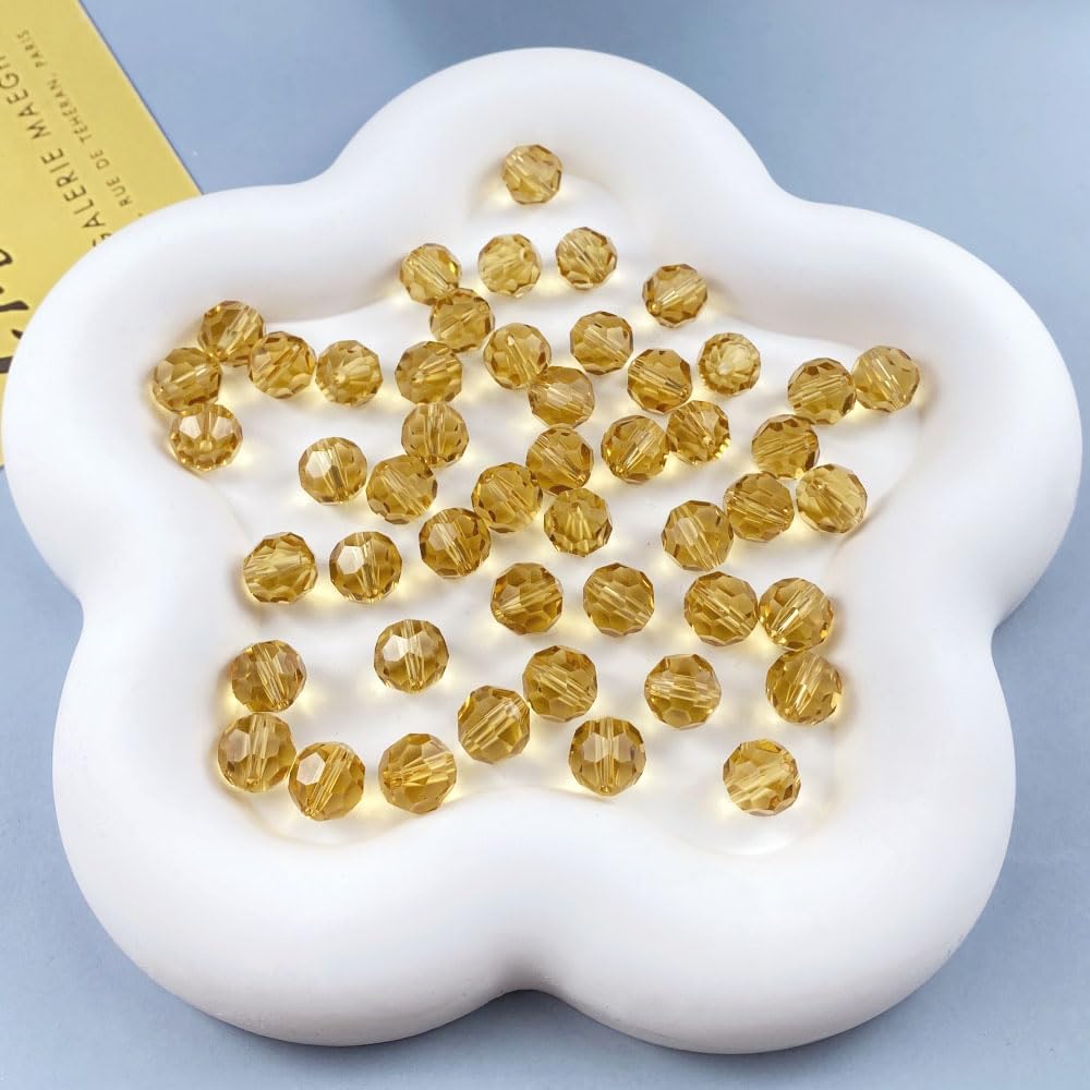 100 PCS 8mm Crystal Glass Beads Round Multiple Faceted Loose Spacer Glass Beads for DIY Handcrafte Bracelet Necklace Earring Jewelry Making(Gold Champagne)