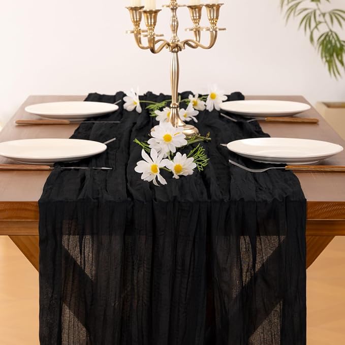 Socomi 10pcs Black Cheesecloth Table Runner Boho Rustic Gauze Summer 120 inch 10FT Cheese Cloth Sheer Runner for Wedding Party Baby Shower Birthday Home Decor Holiday Decorations