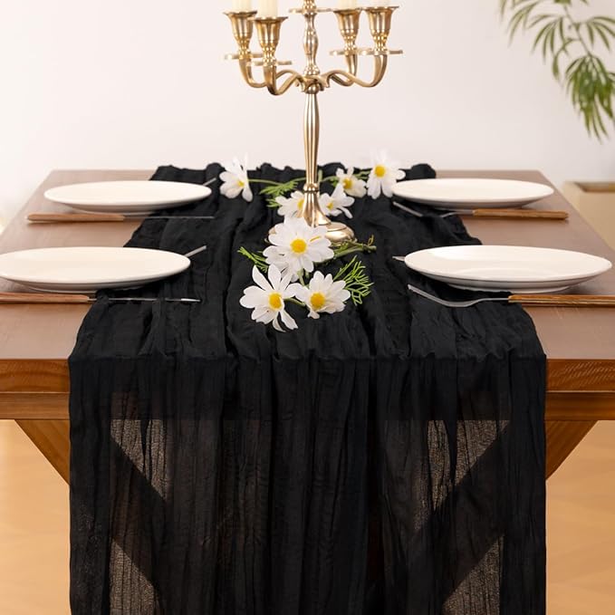 Socomi Black Table Runner Boho Rustic Gauze Summer 120 inch 10FT Cheese Cloth Sheer Runner for Wedding Party Baby Shower Birthday Home Decor Holiday Decorations