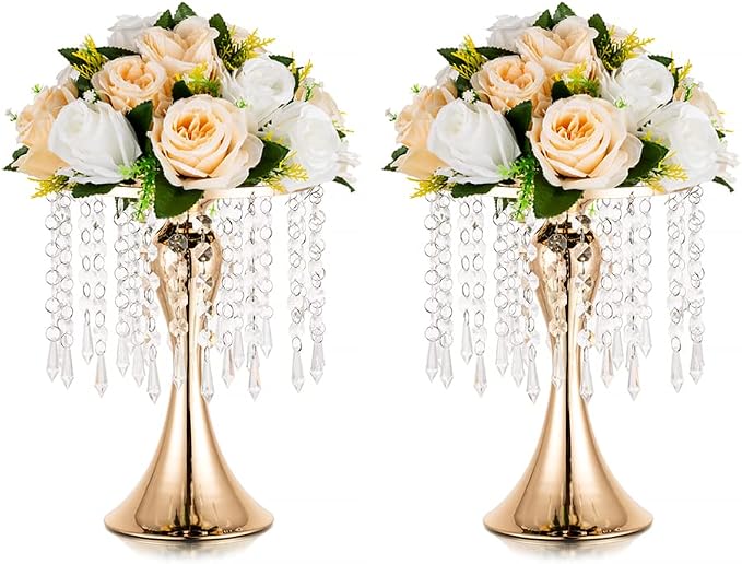 Gold Vase Stand Table: 10.2in Wedding Centerpieces, Set of 2 | High End Crystal Design Vase Stand for Wedding Party Reception Birthday Event Home, Tall Table Center Piece