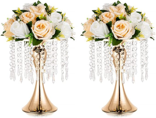 Gold Vase Stand Table: 10.2in Wedding Centerpieces, Set of 2 | High End Crystal Design Vase Stand for Wedding Party Reception Birthday Event Home, Tall Table Center Piece