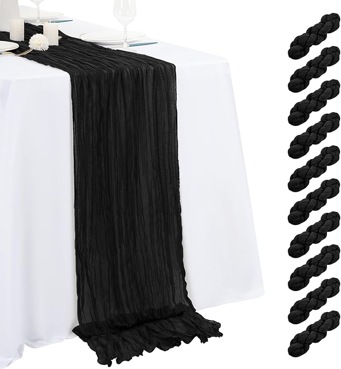 10 Pack Black Cheesecloth Table Runner 17x108 Inch Semi Sheer Boho Gauze Cheese Cloth Table Runners, for Wedding Bridal Shower Birthday Party Home Decor Garden Farmhouse