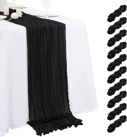 10 Pack Black Cheesecloth Table Runner 17x108 Inch Semi Sheer Boho Gauze Cheese Cloth Table Runners, for Wedding Bridal Shower Birthday Party Home Decor Garden Farmhouse