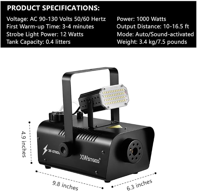 Fog Machine 1000W with Strobe Light, Wireless Remote, Perfect for Halloween, Parties, Concerts, and Events