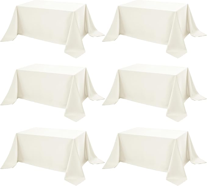 6-Pack Ivory Tablecloths for Rectangle Tables, 90 x 132 Inches, Stain-Resistant Polyester Fabric for 8 Foot Tables - Washable Table Covers for Weddings, Banquets, Birthday Parties, Events