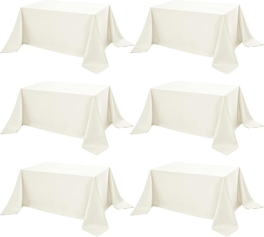 6-Pack Ivory Tablecloths for Rectangle Tables, 90 x 156 Inches, Stain-Resistant Polyester Fabric for 8 Foot Tables - Washable Table Covers for Weddings, Banquets, Birthday Parties, Events