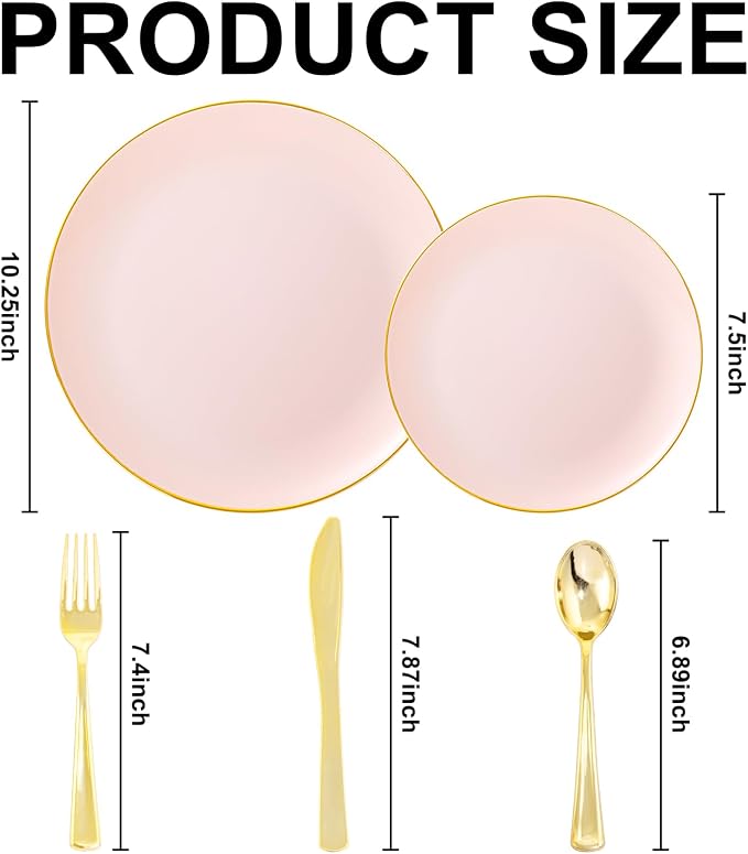 YOUBET 125PCS Pink Plastic Plates - Pink Disposable Plates With Gold Rim - Pinks and Gold Plates Include 25 Dinner Plates, 25 Dessert Plate, 75 Cutlery for Party Wedding Birthday