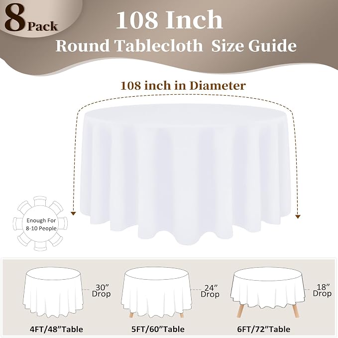 8 Pack White Round Tablecloth 108 Inch Round Table Cloth, Wrinkle Resistant and Washable Tablecloth Polyester Fabric Table Cloth Round Cover for Dining Wedding Banquet Party
